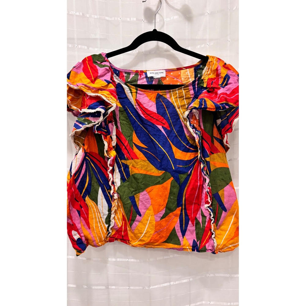 Marc New York Jeans Tropical Leaf Print Flutter Sleeve Cotton Top XL Multi Color